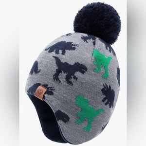 Kids Dinosaur Pom-Pom Beanie - Gray and Green